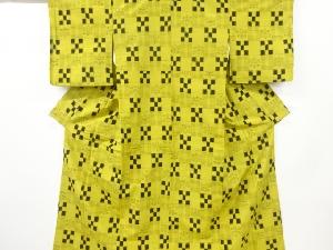 アンティーク　市松に草花模様織り出し手織り紬着物